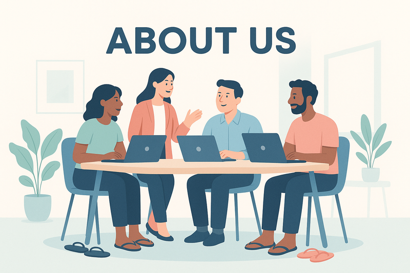A modern and professional illustration for the "About Us" section of a website.  
Clean design, minimalistic, soft pastel color palette.  
Showing teamwork and collaboration, with diverse people working together at a table with laptops.  
Flip flops appear naturally in the scene, symbolizing a relaxed and creative company culture.  
Flat vector style, friendly and corporate, warm atmosphere, suitable for a company website.
